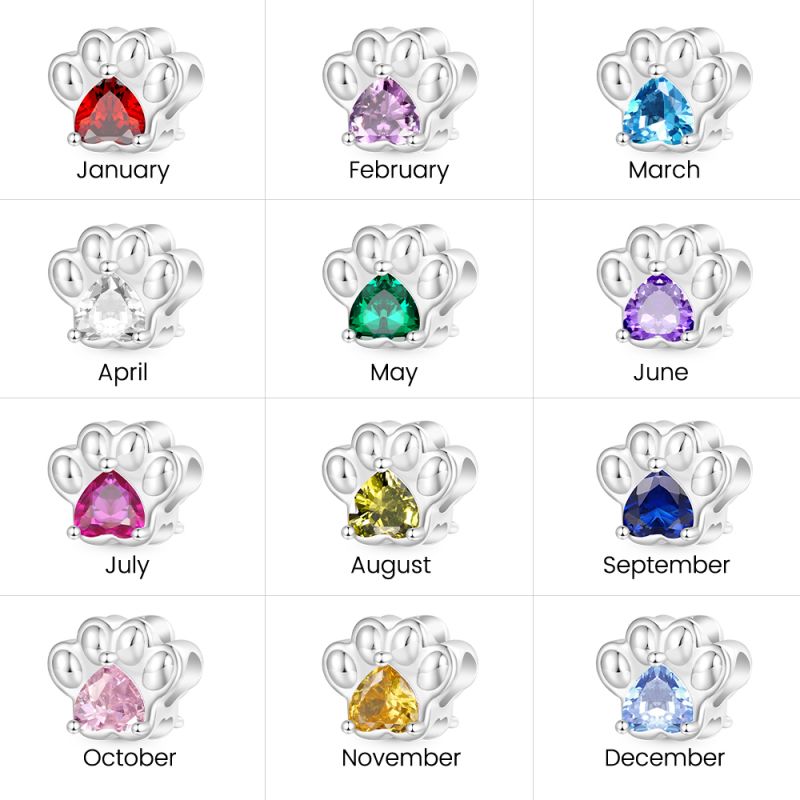 Pet Paw Heart Birthstone Charm