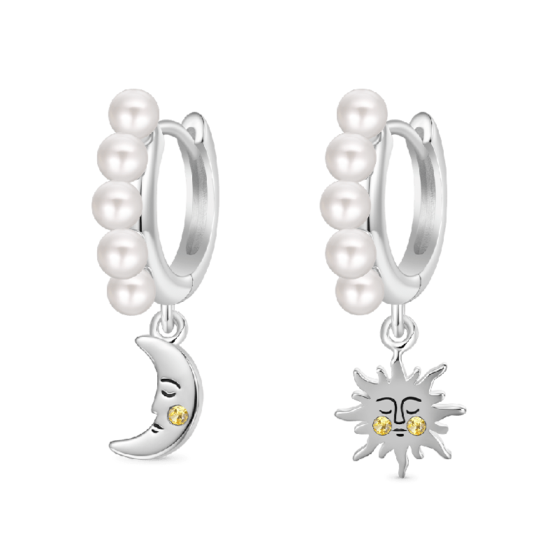 Sun & Moon Face Pearl Hoop Earrings