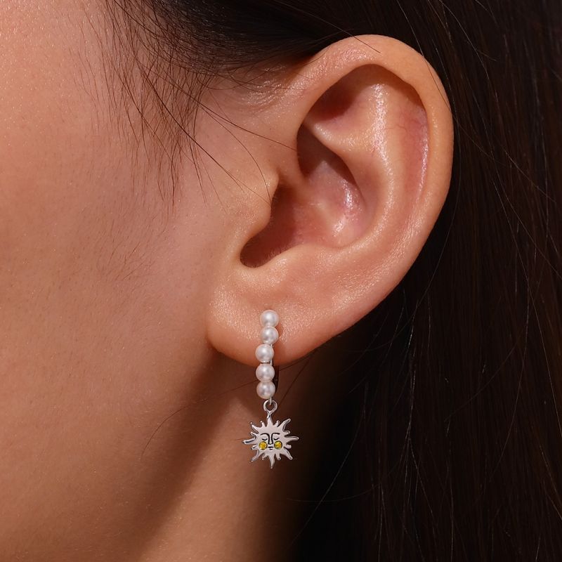 Sun & Moon Face Pearl Hoop Earrings