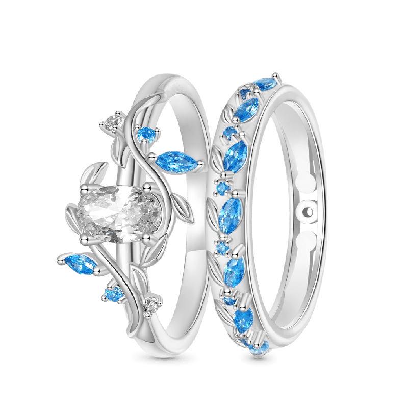 Oval-cut Diamond Vine Leaf Couple Rings