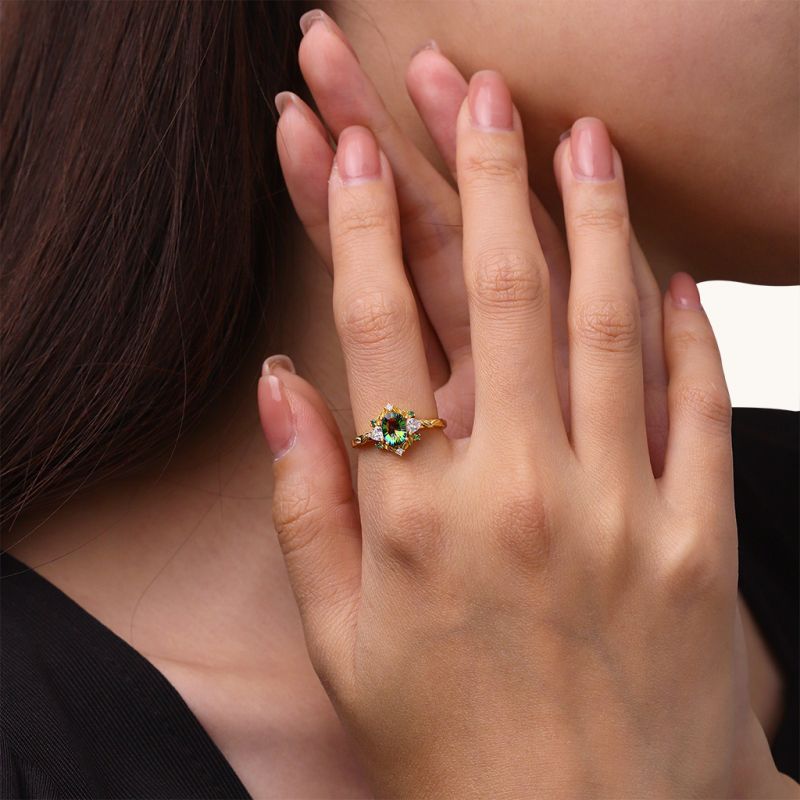 Gold Leaf Teal Diamond Ring