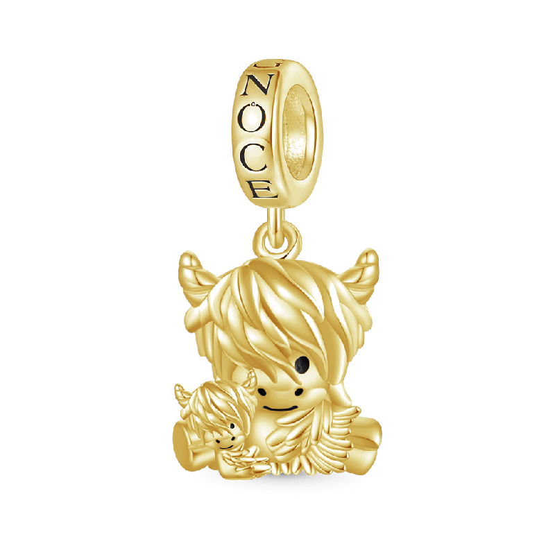 Gold Highland Cow Mother and Child Pendant