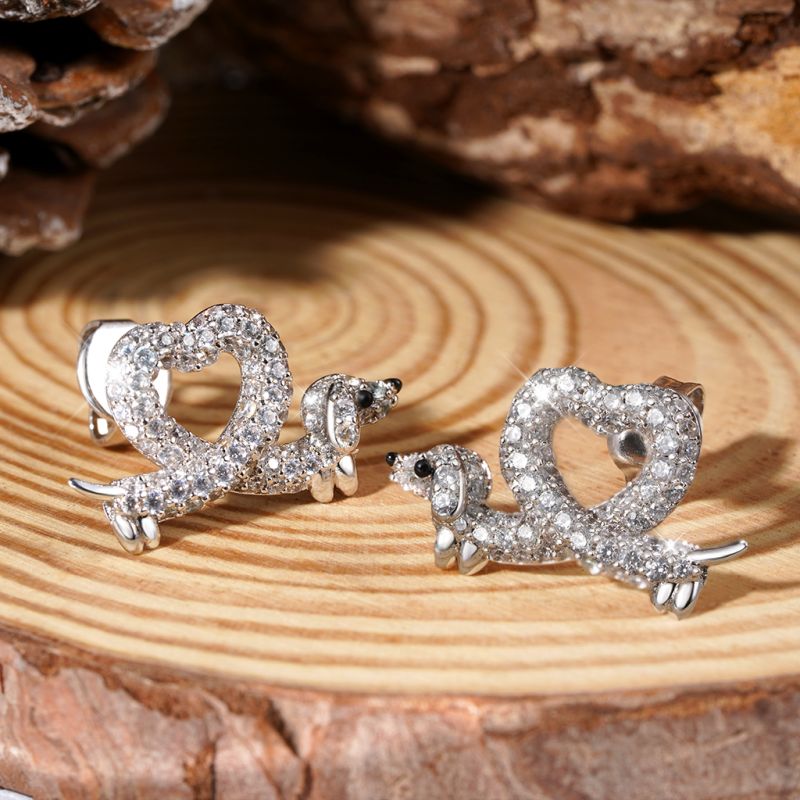 Dachshund Heart Diamond Stud Earrings
