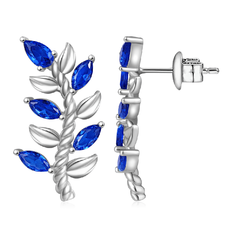 Leaf & Stem Blue Gems Stud Earrings