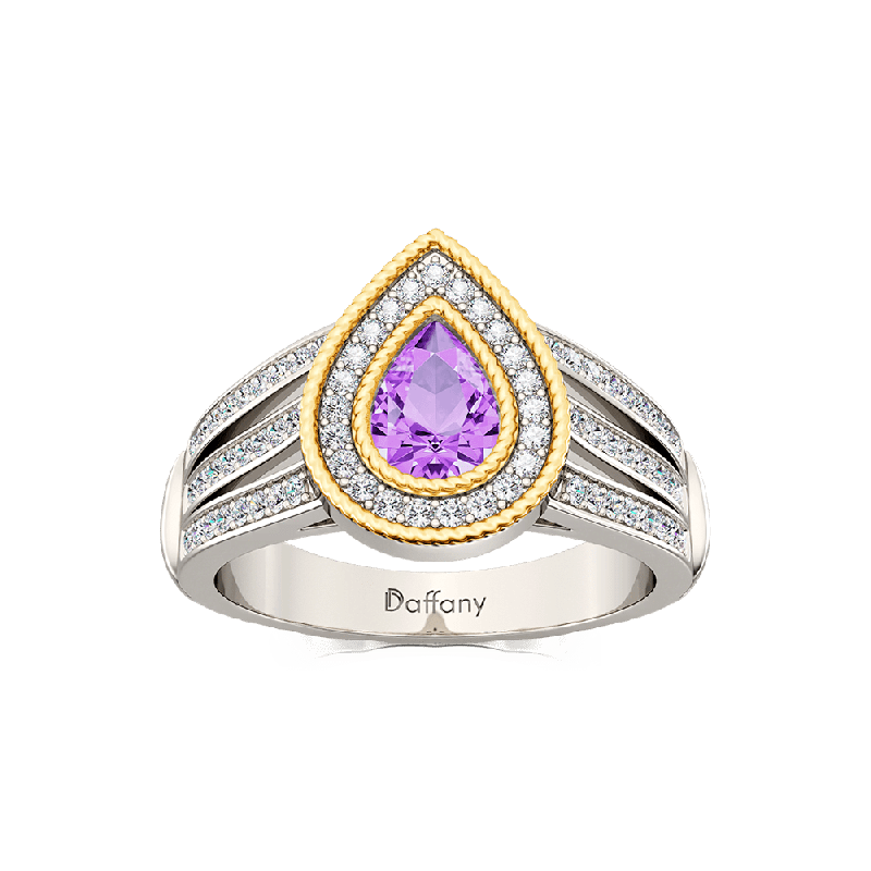 Amethyst Double Pear Halo Split Shank Ring