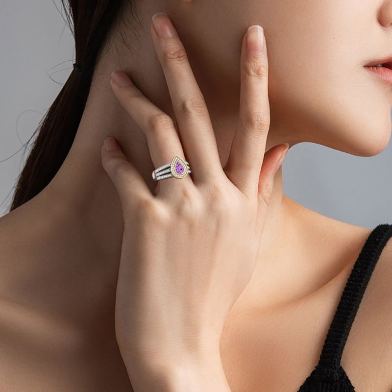 Amethyst Double Pear Halo Split Shank Ring