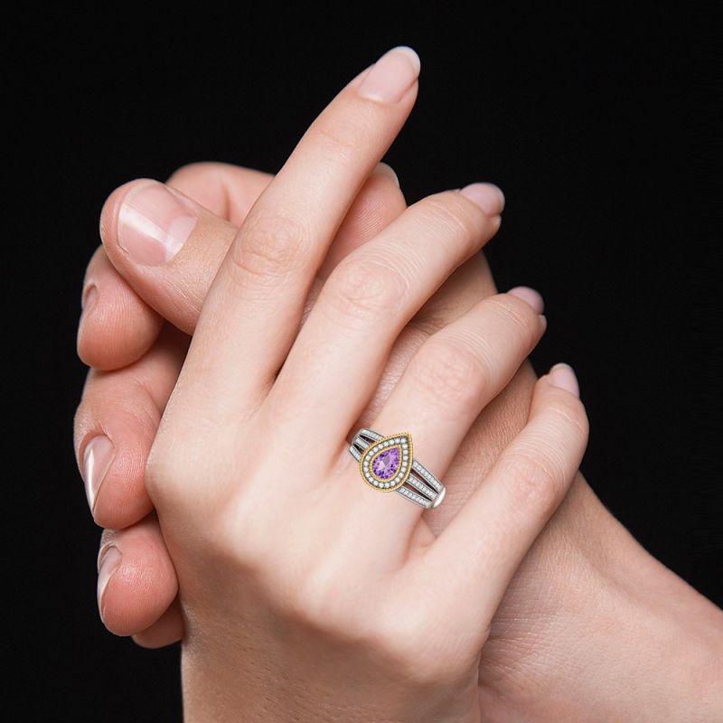 Amethyst Double Pear Halo Split Shank Ring