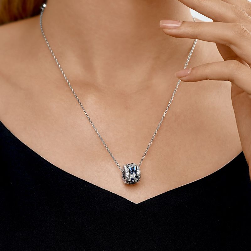 Blue Butterfly Drum Pendant Necklace