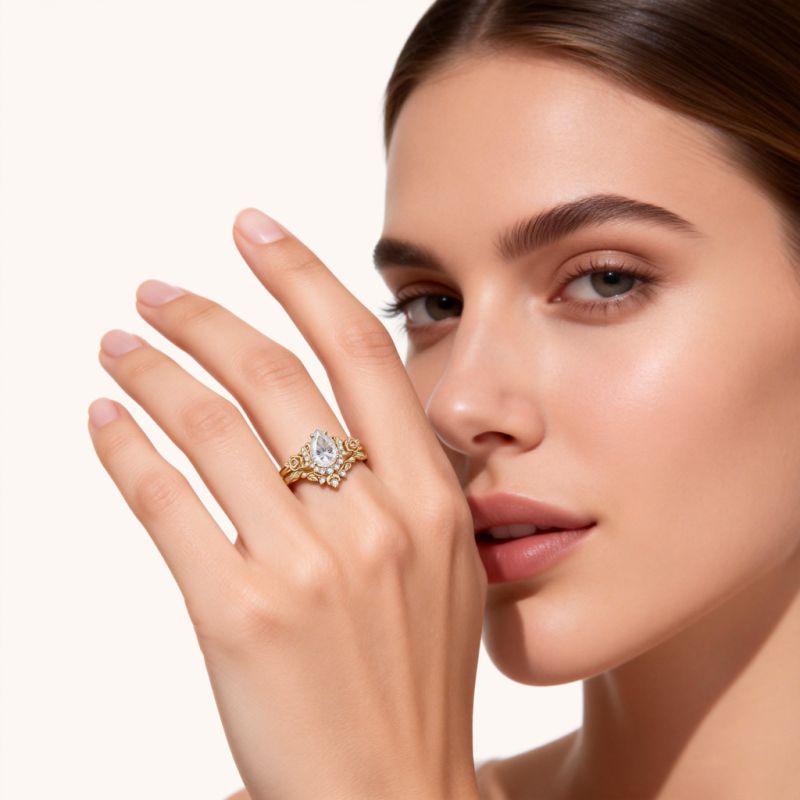 Moon & Flower Engagement Ring Set