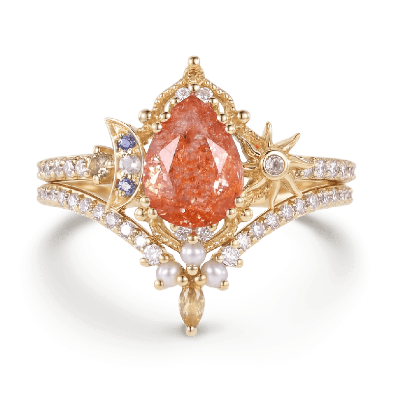 Pear-Cut Sun Moon Ring Set