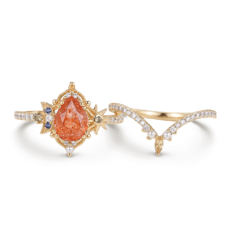 Pear-Cut Sun Moon Ring Set