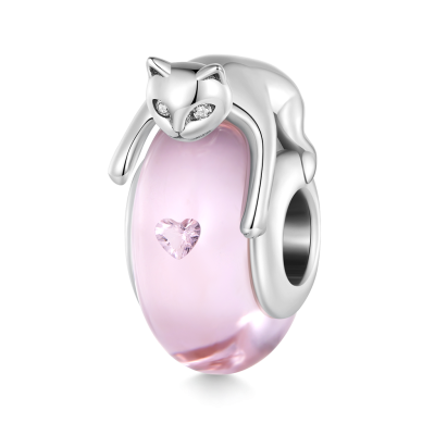 Cat Lying on Pink Glass Charm