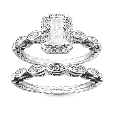 Vintage Emerald Cut Halo Ring Set